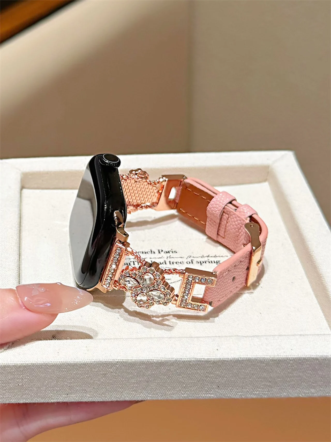 Rhinestone Flower Decor Leather Band for Apple Watch 38 40 41 42 44 45 49mm Sparkle Metal Link Wristband for iWatch All Series
