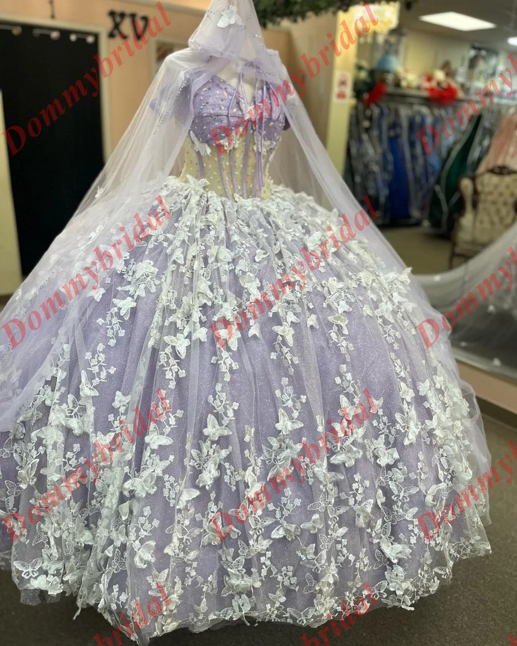 Unique White 3D Floral Butterfly Lace Lilac Inner Ball Gown 2023 Quinceanera with Detachable Cape 2 Pieces Crystal Prom Formal