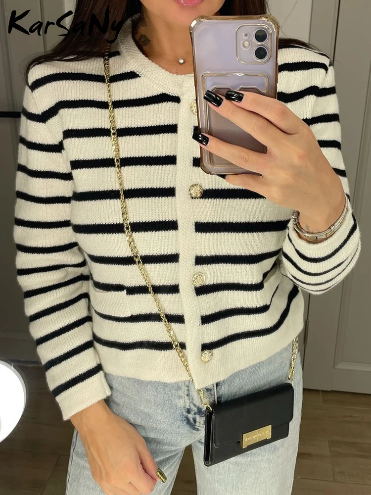 Autumn Women\'s Clothes O-neck Stripes Cardigan Knitted Coats For Woman Long Sleeve Casual Button Slim Sweater Office Lady Outfit