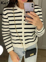 Autumn Women's Clothes O-neck Stripes Cardigan Knitted Coats For Woman Long Sleeve Casual Button Slim Sweater Office Lady Outfit