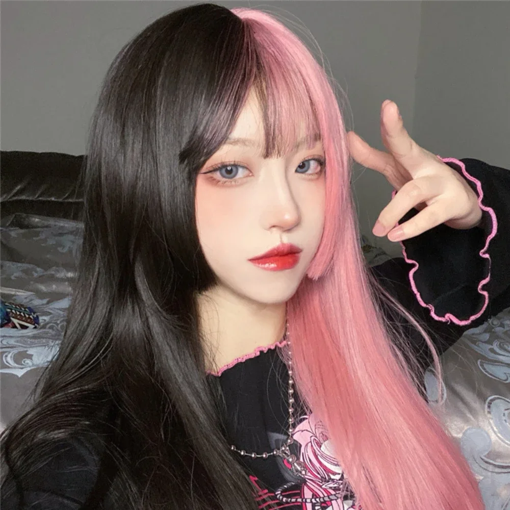 

Long Straight Cosplay Synthetic Wig Women Costume Party Black pink Ombre Heat Resistant Synthetic Hair WigsPrincess cuts bangs