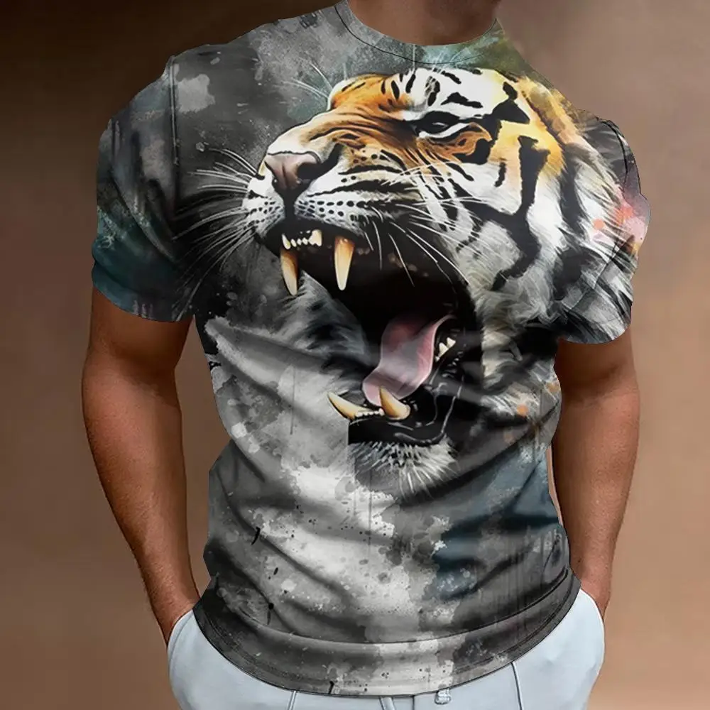 New 3d Fierce Tiger Print Men's T-Shirt Fashion Trend Man Clothing Retro Loose Oversized Short Sleeve T-Shirt For Men 2024 Tees