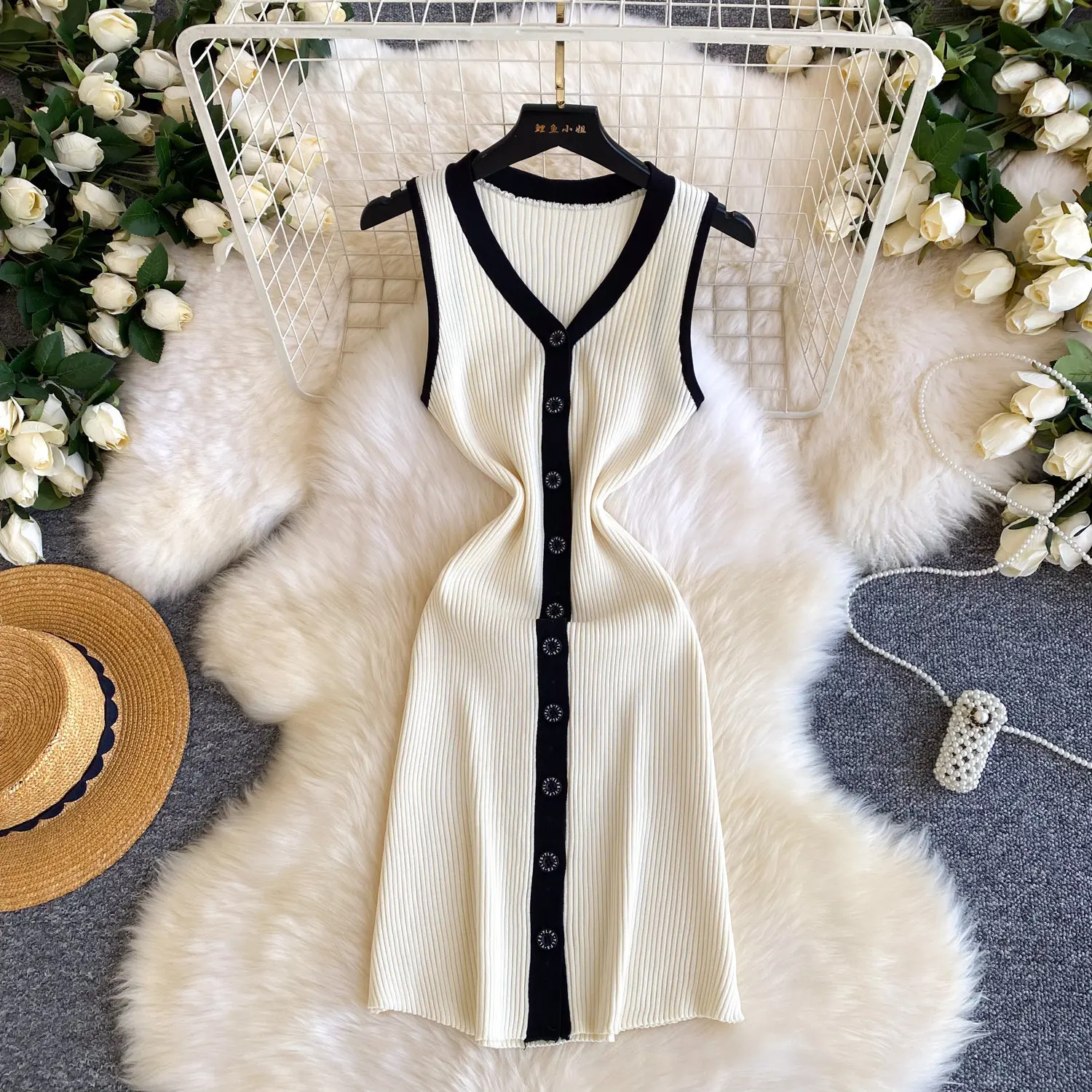 

Women Dresses Knitted Dress A Line Color Blocked V Neck Sleeveless Single Breasted Empire Cinched Waist Slim Casual 2026 Summer