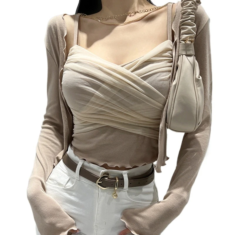 

New Fashion Suit Tight Sexy Suspender Cardigan Two-piece Set Fashion Temperamentss Celebritys Beautiful Fairy Niche Sweet French