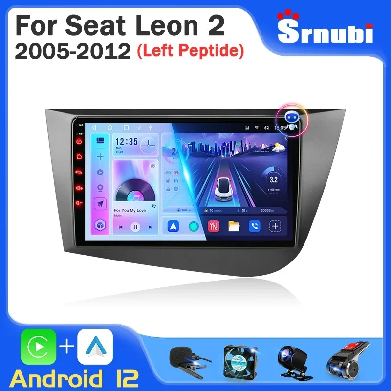 Srnubi-Auto-rádio para Seat Leon 2 2007-2015, leitor multimídia, Carplay, Auto estéreo, 4G, WiFi, GPS, DVD Head Unit, Android 12, 2 Din