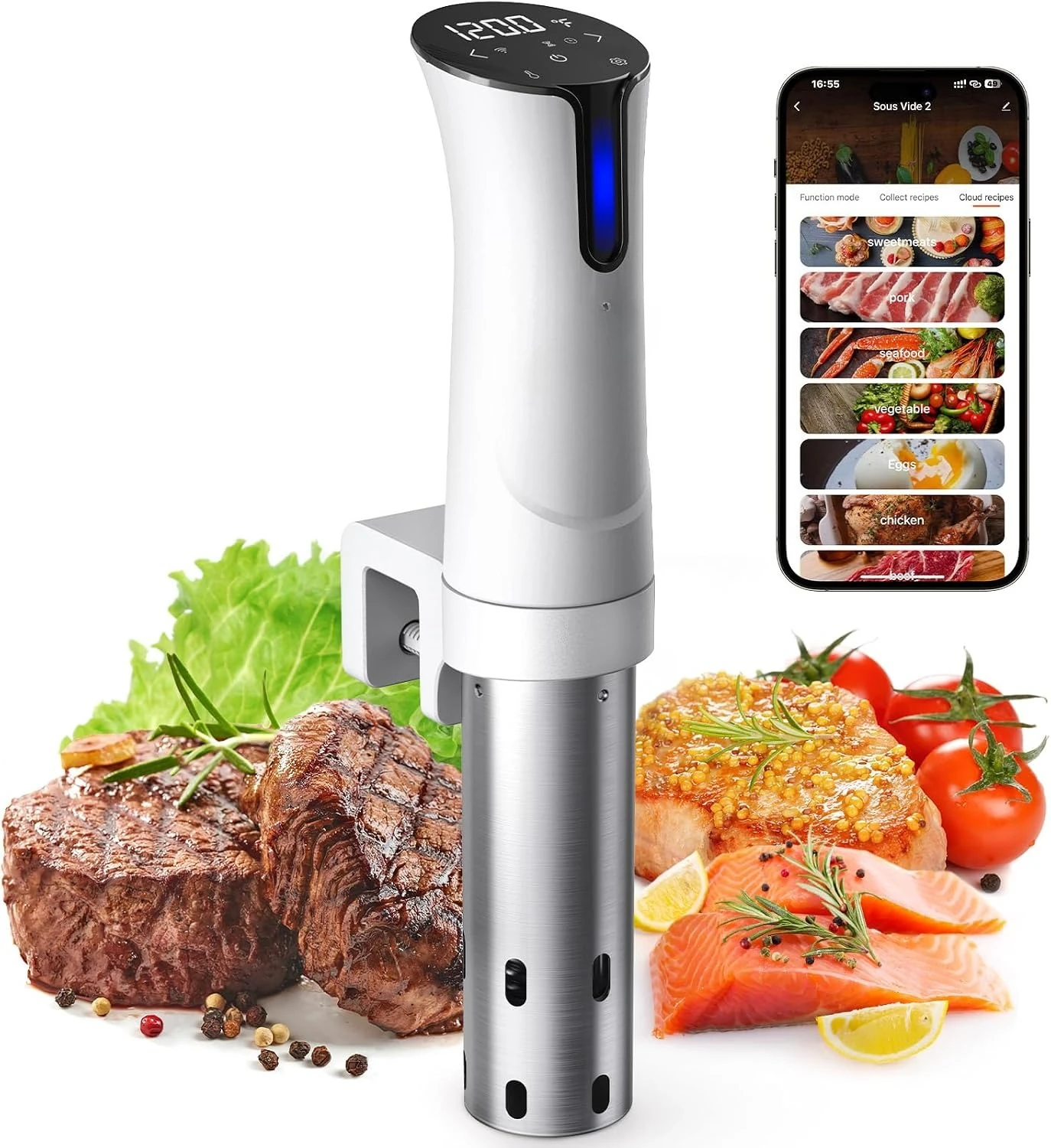 1100W Stainless Steel WiFi Sous Vide Cooker, Precise Temp & Timer, Ultra Quiet Precision Immersion Circulator, Kitchen Tool with Free Recipes