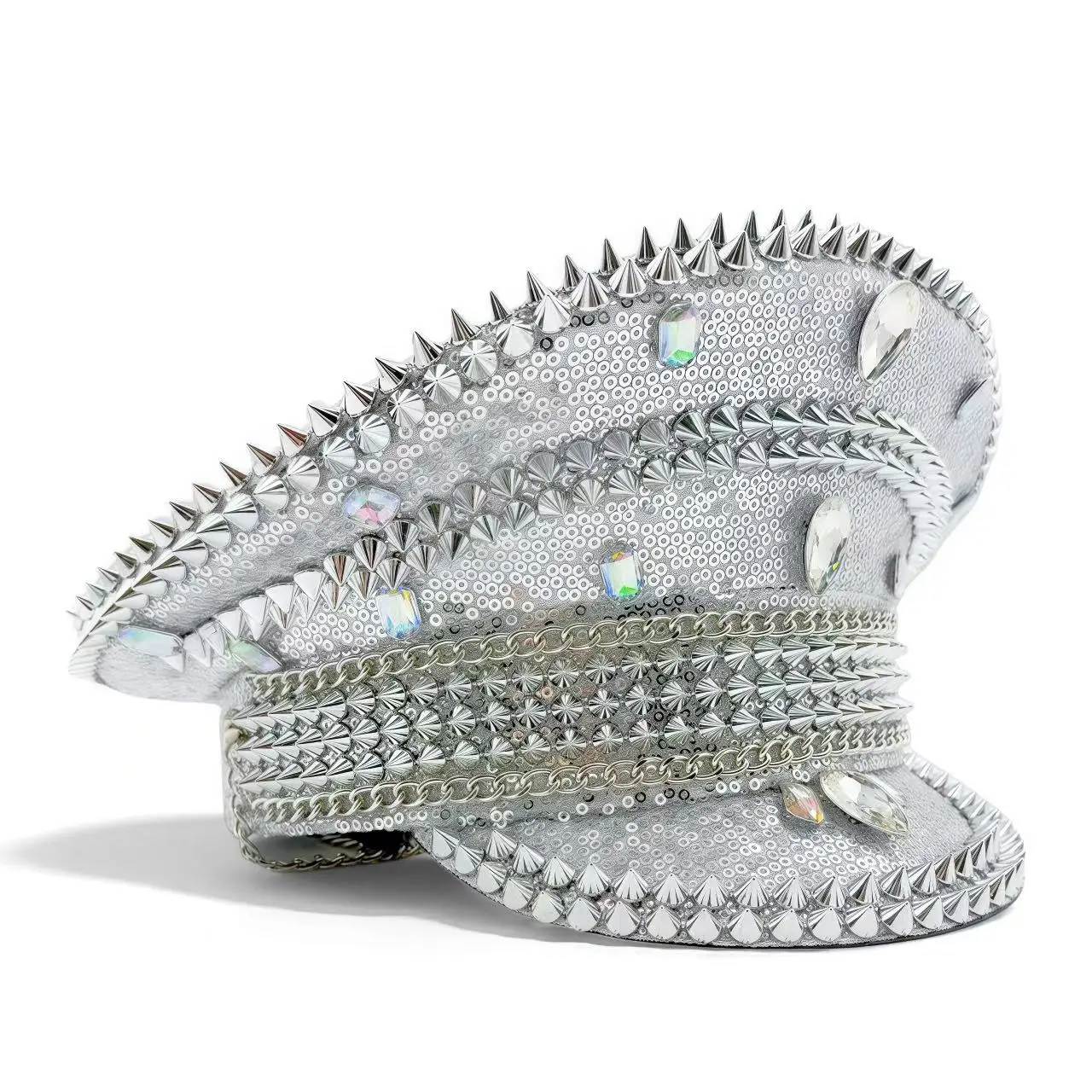 HongLuan zilveren Halloween kostuum hoed volwassene, kapitein hoeden strass voor Burning Man Festival vrouw, cosplay vrouwelijke accessoires