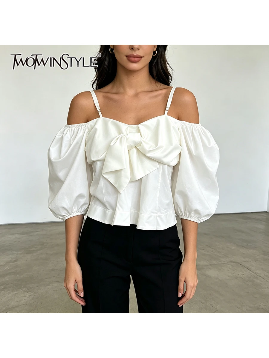 TWOTWINSTYLE Bow Slimming Spaghetti Strap Solid Spliced Blouses for Women Off Shoulder Long Sleeve Patchwork Zipper Tops Female