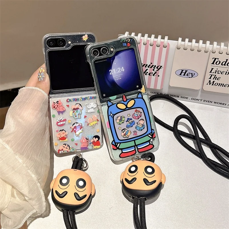 

Cartoon Cute Crayon Shin-chan Buriburizaemon lattice Folding Phone Case For Samsung Z Flip 5 6 7 3D anime Shin-chan stripe Cover