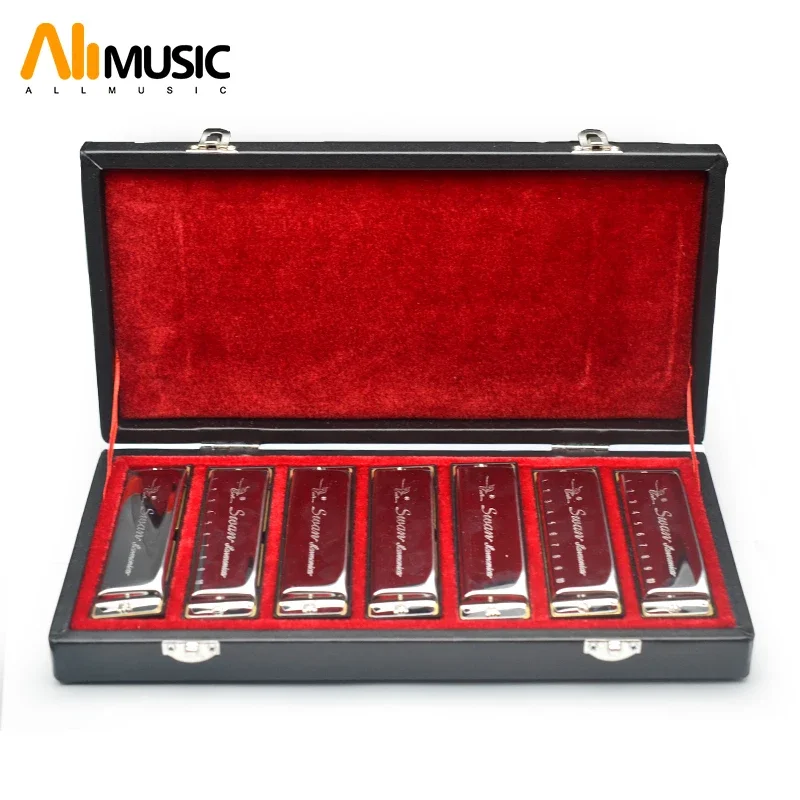 Swan Harmonica 10 Holes Harp Blues Harmonica Diatonic Harmonica Set 7 Piece (A-G) W/ Exquisite Box + Wipes
