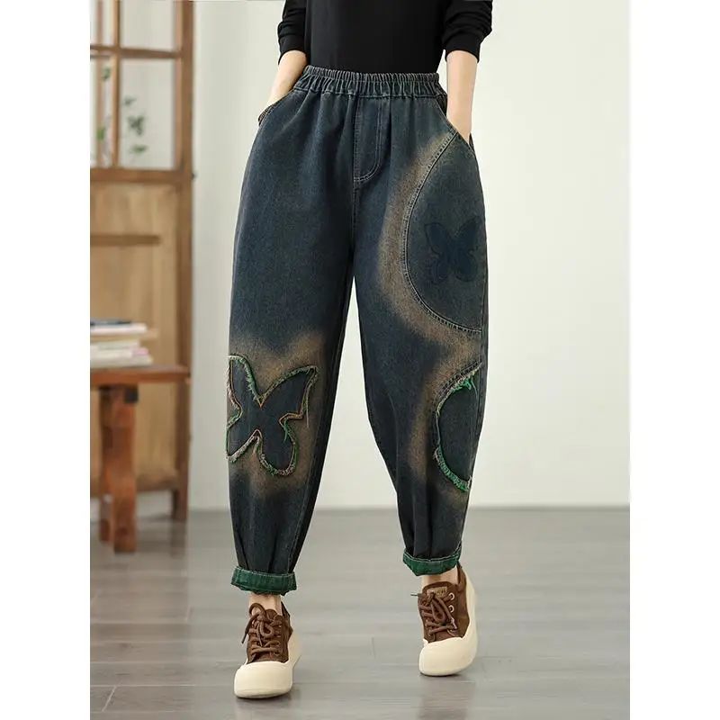 

Женские джинсы в стиле пэчворк в стиле ретро, осень 2021, свободный крой, большие шаровары с закрученными краями, женские джинсовые брюки
