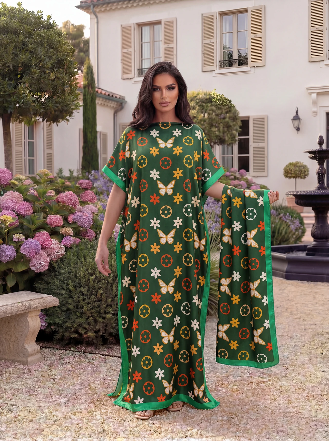 Dubai Butterfly Floral Print Abaya With Matching Scarf, Loose Boat Neck Batwing Sleeve Maxi Kaftan Dress For African MuslimWomen