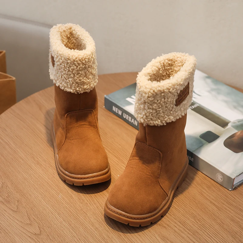 Slip-on Lambswool Snow Boots Kid Girl Winter Warm Teddy Fur High Boots Baby Child Round Toe Flat Sole Plush Western Botas Shoes