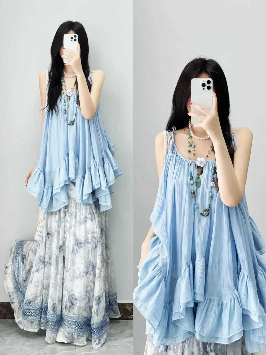 

Summer Dopaamine Bright Matching Vacation Style Loose Strap Half Skirt Lazy Loose Feeling Two Piece Set Women's High Waist Pr...