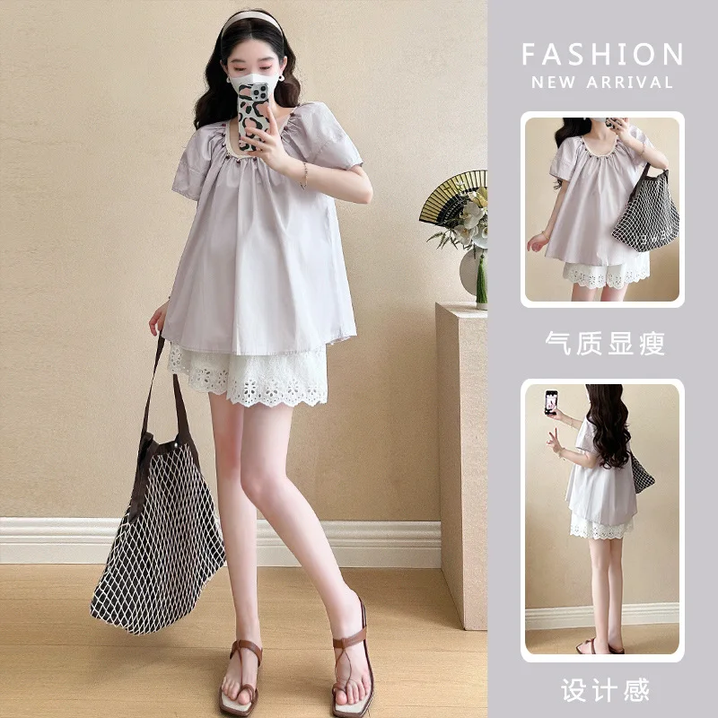 2025 Summer Maternity Set: Chic Blouse+ Shorts - Youthful Two-Piece Pregnancy Outfit with Babydoll Silhouette for Expecting Moms - Image 2