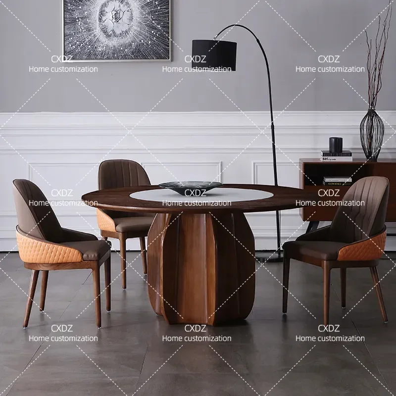 Embedded Turntable Dining Table Round Walnut Wood Dinner Table for Home Kitchen Furniture
