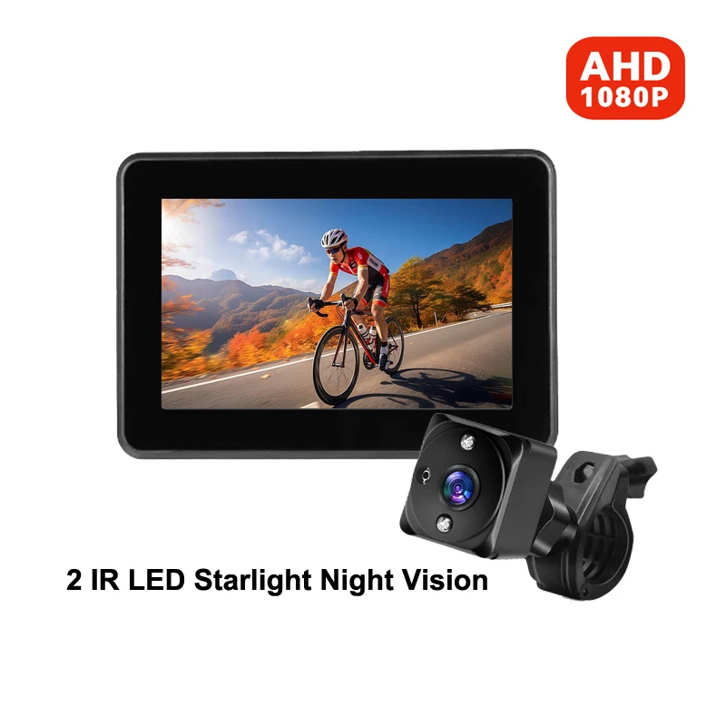 

1080P Bicycle Rear View Camera Rechargeable with 4.3'' Monitor 2 IR Led Night Vision for E Bike Mountain Bike Rear View Camera