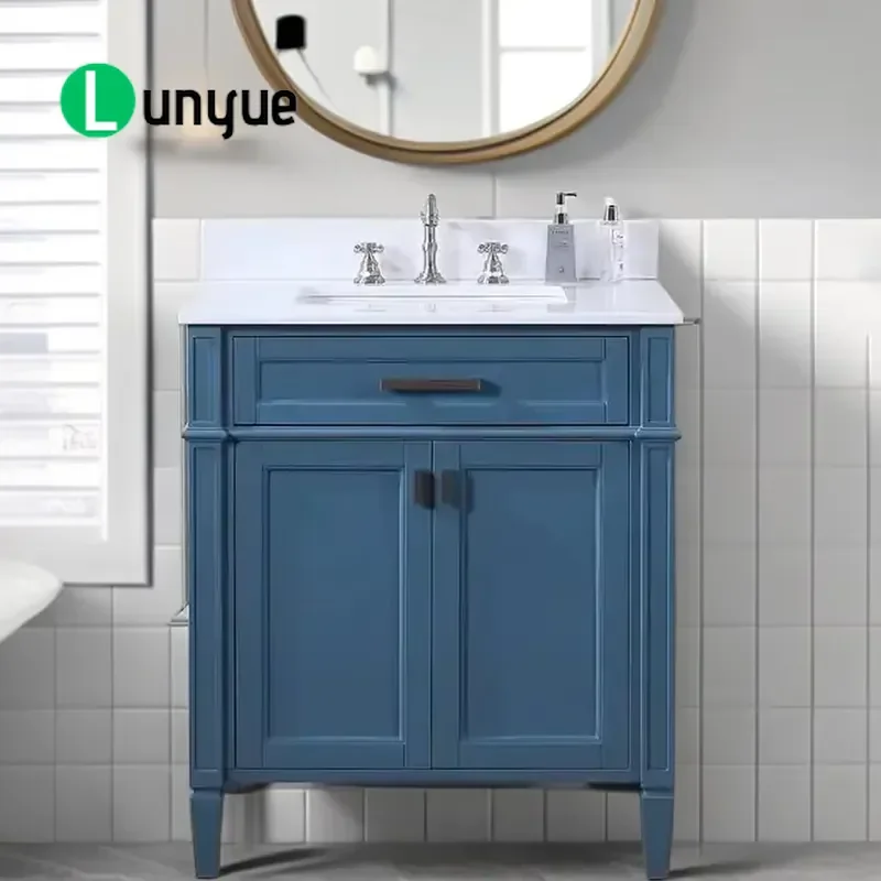 Classic Minimalist Single Basin Bathroom Vanity Cabinet 30 Inch Floor to Ceiling with Faux Marble Countertop Modern Storage