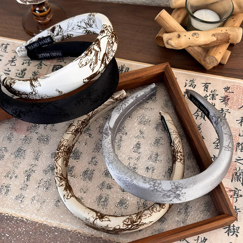 Chinese Style Satin Embroidered Velvet Printing Sponge Headband Wide Hair Band for Woman Girl Elegant Hair Hoop Hair Accessories