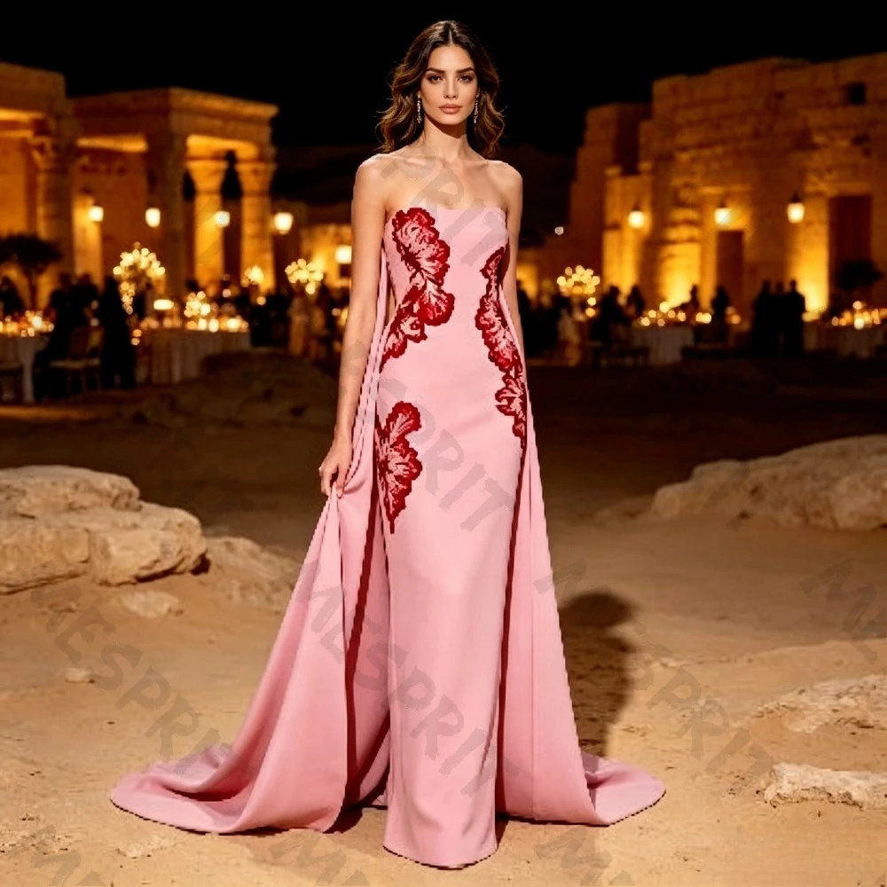 Customize Simple Strapless Straight Evening Gowns with Sleeveless Backless Design Crystal Beaded Flower Trailing Banquet Dresses