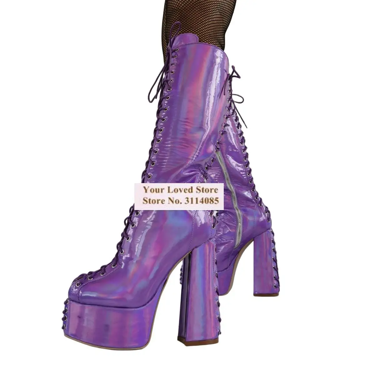 Purple Hologram Iridescent Patent Leather Knee Boots Reflective Shiny Mirror Leather Chunky Heel Platform Tall Boots Lace-Up