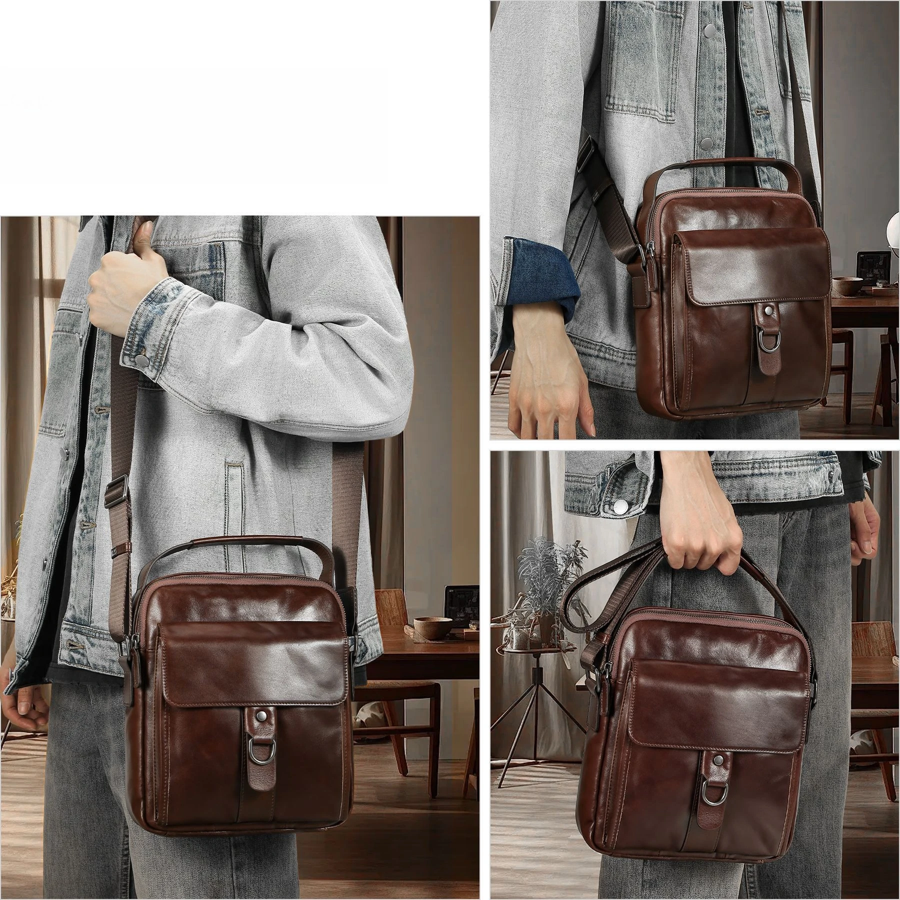 

Men's genuine leather square crossbody bag, casual commuting vertical single-shoulder bag, multi-functional hand-held men's bag