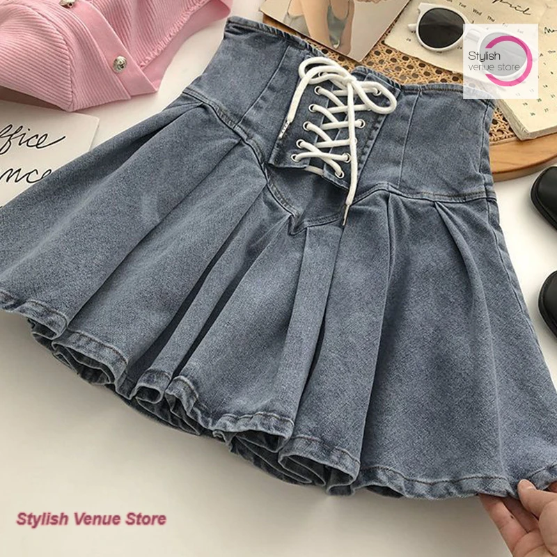 Korean style spice girl stretch denim pleated skirt female spring and autumn temperament cross strap skirt fashion Joker skirt.