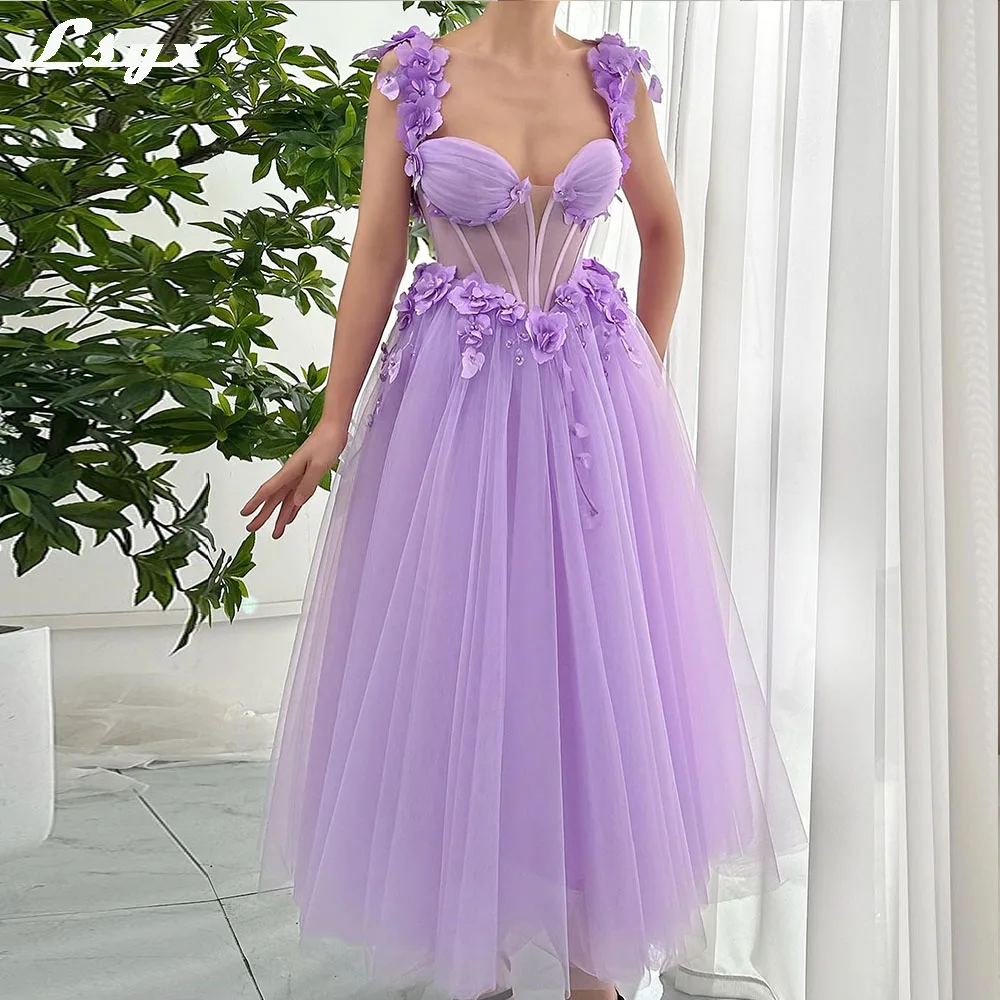 

LSYX Pastrol Ankle-Length Prom Gown Floral Appliques A-line Birthday Party Dressses Purple Sweetheart Evening Dresses Lace-up