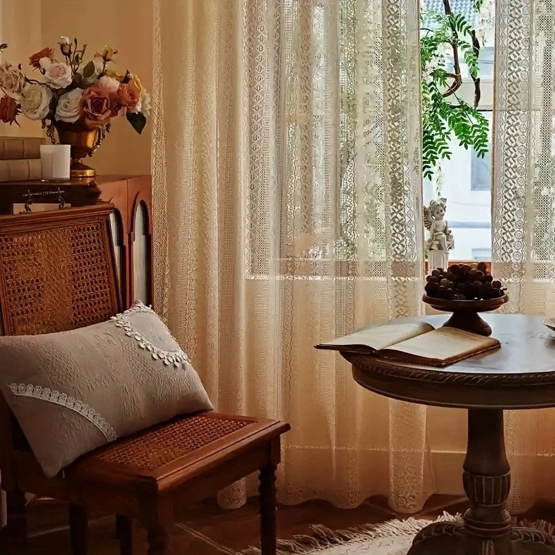 Beige Circular Striped Lace Curtains, Living Room, Bedroom, Balcony Curtains, Party Window Decorations
