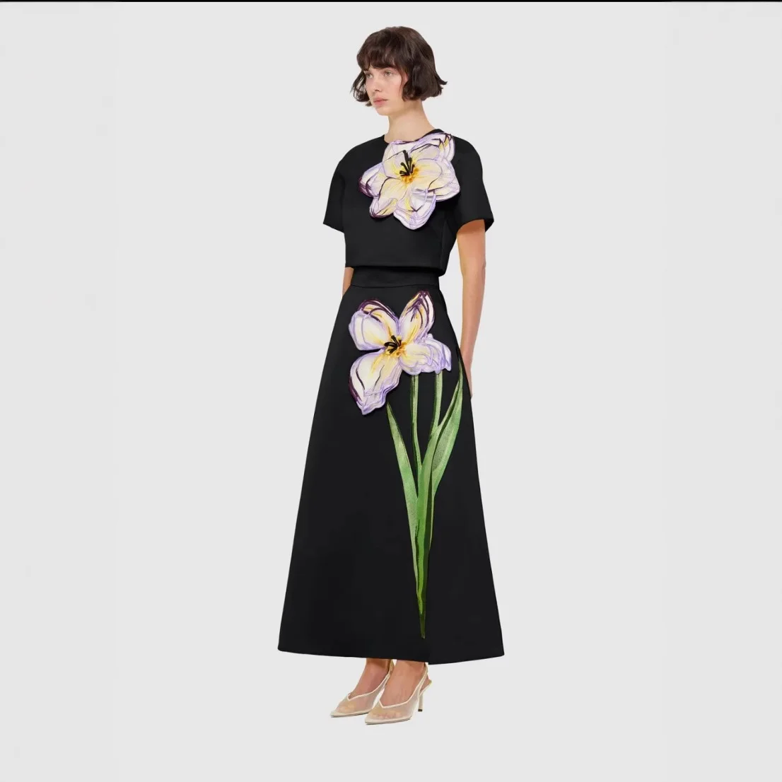 

Women's Floral Patchwork Two Piece Set Round Neck Short Sleeve Crop Top High Waist Maxi Skirt Elegant Loose Solid Color Outfit