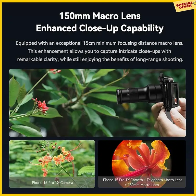 

A25P Mobile Phone Telephoto Macro Lens Kit 6X Telephoto Lens+150Mm Macro Lens For Iphone 16/15/14 With Universal Phone Mount