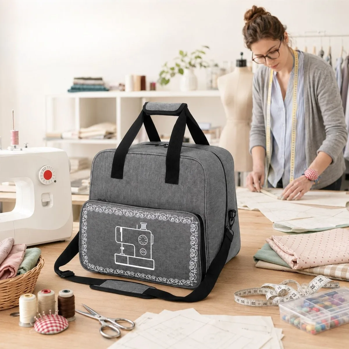 Sewing Machine Bags Large Storage Tote Portable Carrying Case Organizer with Pockets for Thread Yarn Accessories Home Travel Use