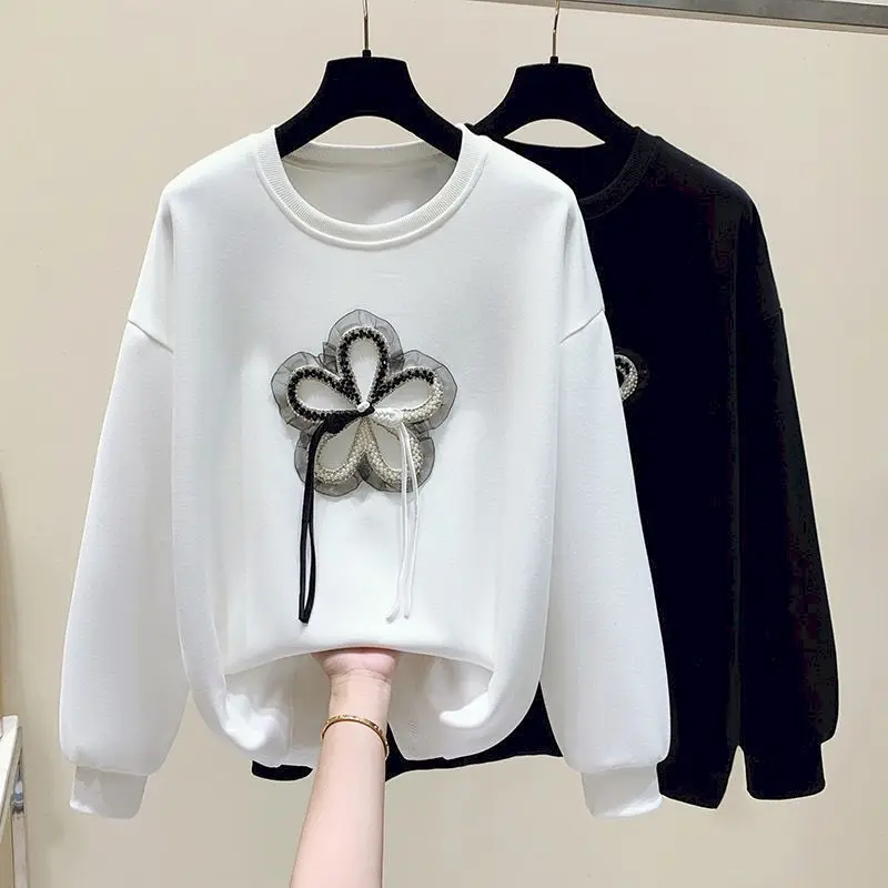 98% Cotton Pullovers Women Fashion Flower Design Pullover Korean Style Long Sleeve Tops Casual Loose O-neck Sweatshirt Autumn