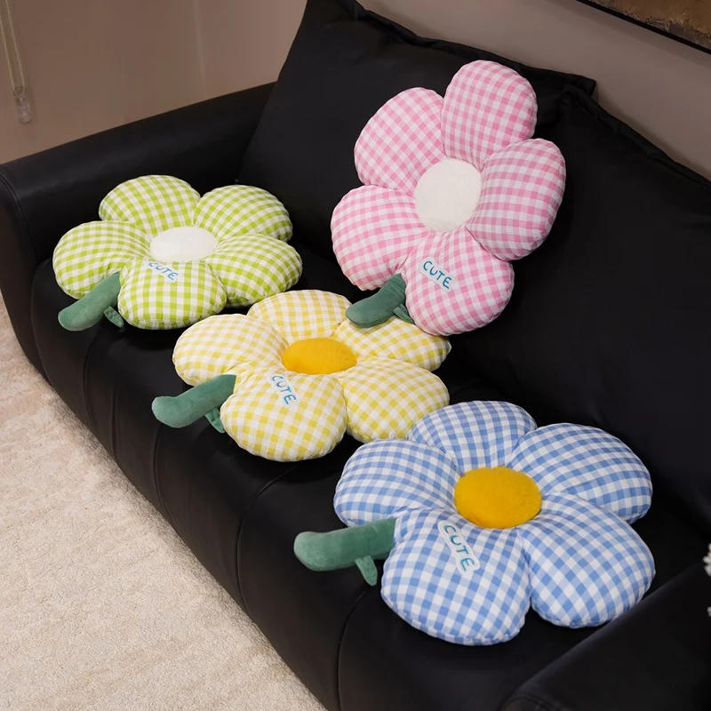 50cm Cute Grid Flower Plushies Lovely Stuffed Pink Blue Yellow Flower Throw Pillow Sofa Bed Chair Cushion Home Decor Gifts Girl