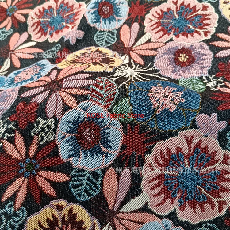 Retro colorful flower jacquard fabric for girls dresses, coats, designer fabrics, bags, tablecloths, hats DIY fabric 1 meter