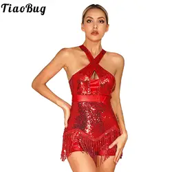 Womens Shiny Sequins Tassel Leotard for Latin Cha-Cha Ballroom Dance Performance Costume Cross Front Fringed Bodysuit Dancewear