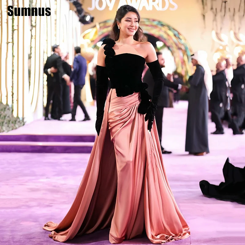 

Sumnus Elegant Mermaid Prom Dresses Contrast Color One Shoulder Pleats Evening Dress With Train فساتين سهرة Customized