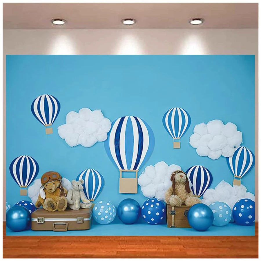 

Photography Backdrop Blue White White Balloons Little Bear Kids Boys 1st Birthday Party Decor Background Banner Photo Studio