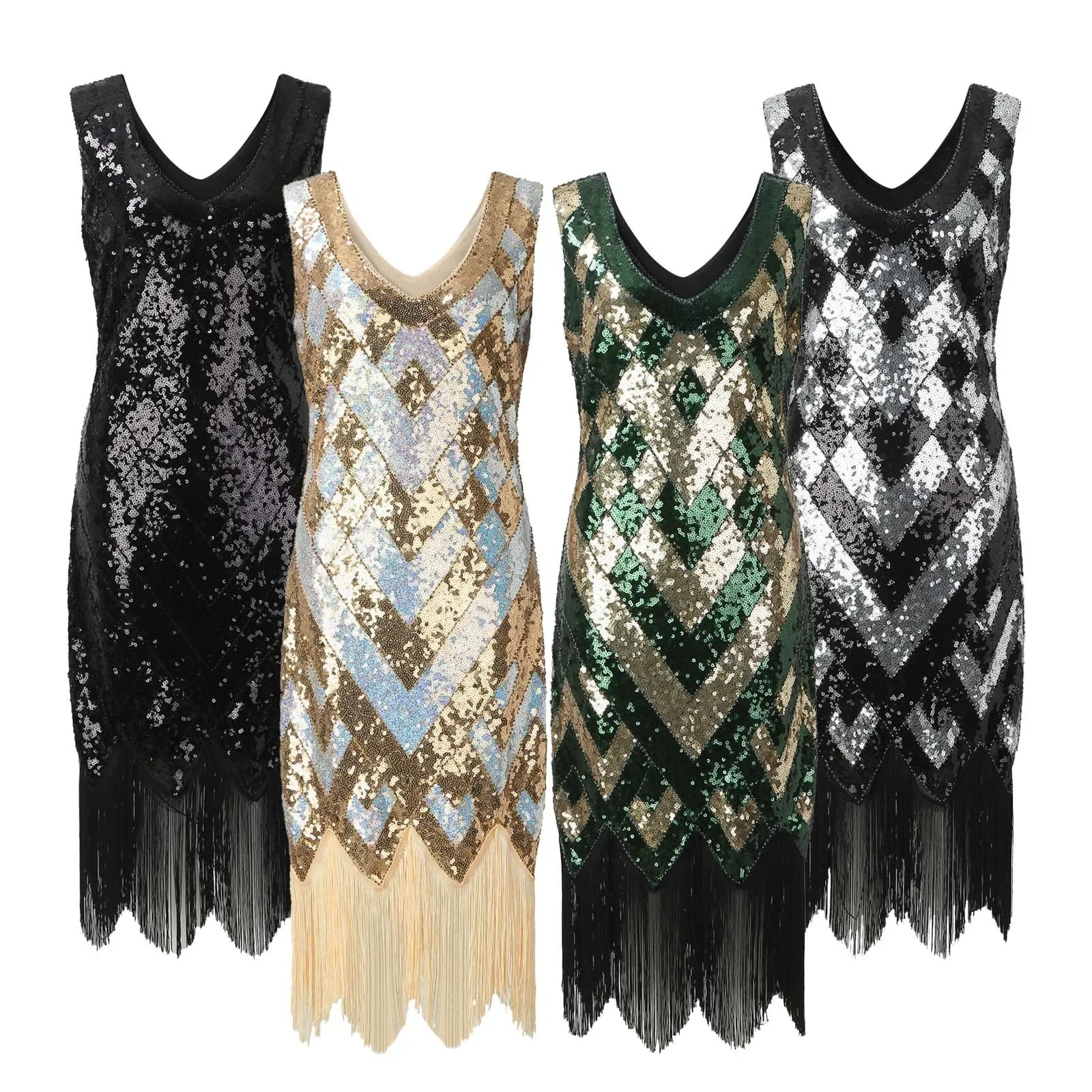 New Retro Vintage Roaring 20s 1920s Flapper Dress Costume Outfits The Great Gatsby Women's Sequins Tassel Fringe Latin Dancewear