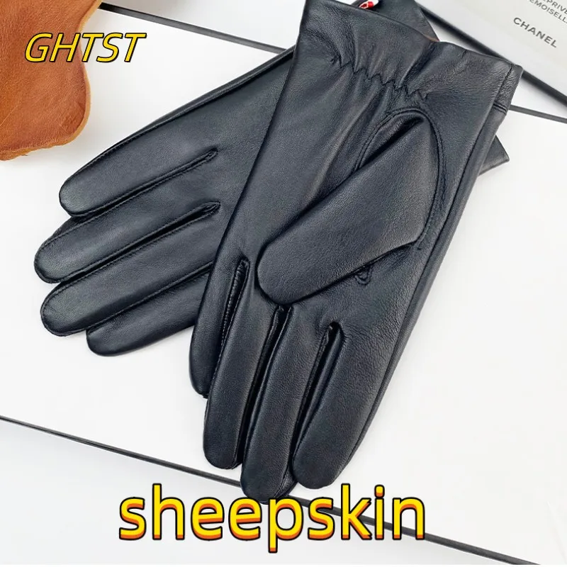 Hoogwaardig Schapenvacht Lederen Handschoenen Mannen Full Finger Winter Warm Touchscreen Rijden Motorfiets Fleece Zakelijke Zwarte Handschoenen