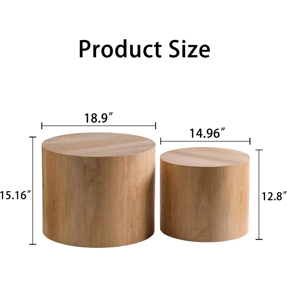 Nesting Round Coffee Table Set of 2, Wooden Drum Side Tables for Small Spaces, Light Oak