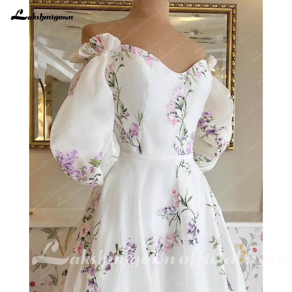 Lakshmigown Print Flowers A Line Beach Wedding Dress Vestido De Noivas 2024 Off Shoulder Long Sleeves Boho Bridal Gowns