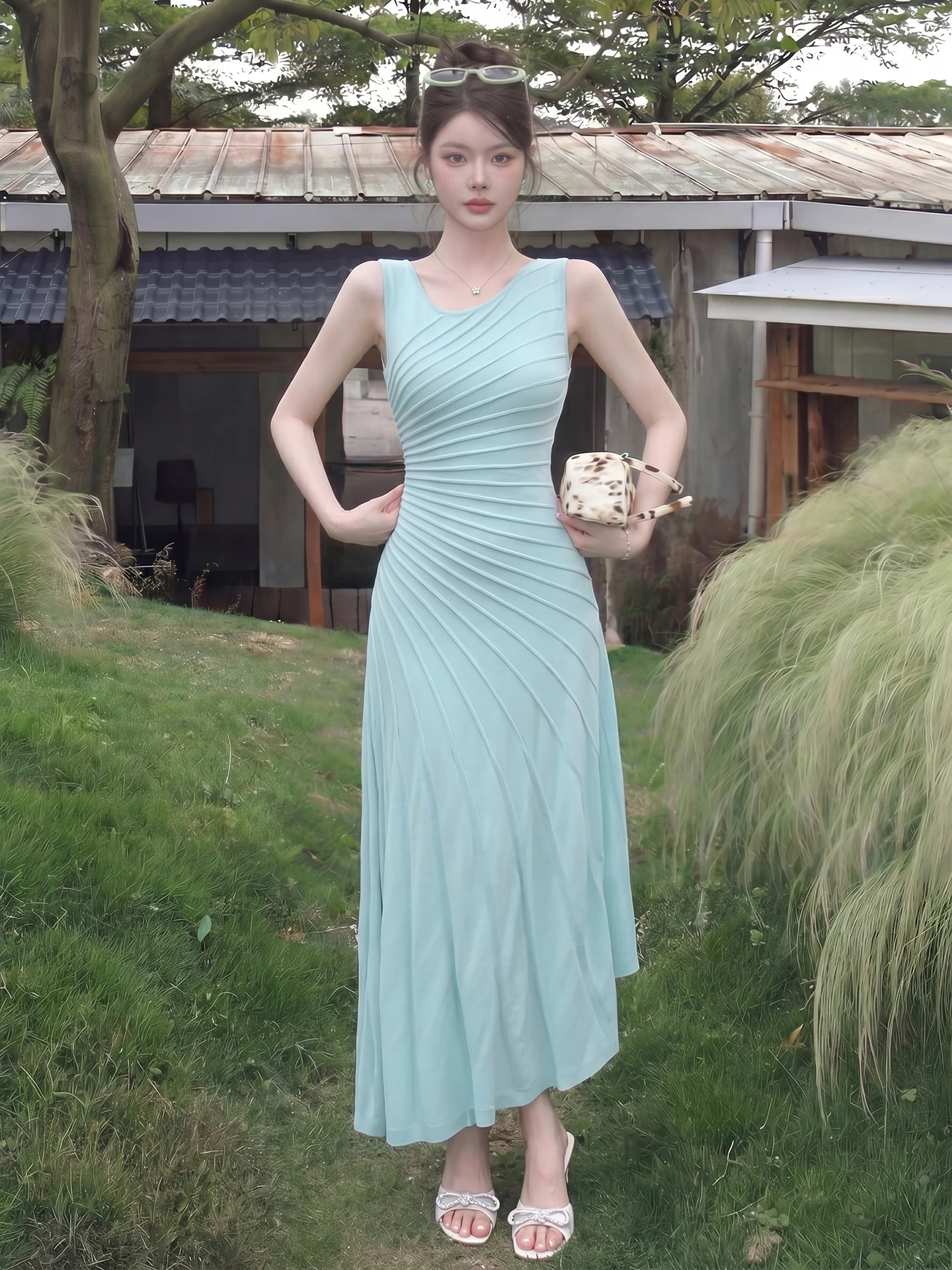 

Spring Summer Slim Fit Tank Dress Women's Holiday Waist Cinched Pure Desire Long Skirt Mint Green Asymmetrical Sleeveless Dress