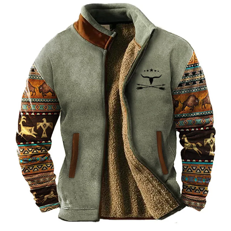 Holiday Warm Coat Blue Brown Standing Collar Wool Winter Design Graphic Tribal Retro Men\'s Everyday Casual Comfort Zippered