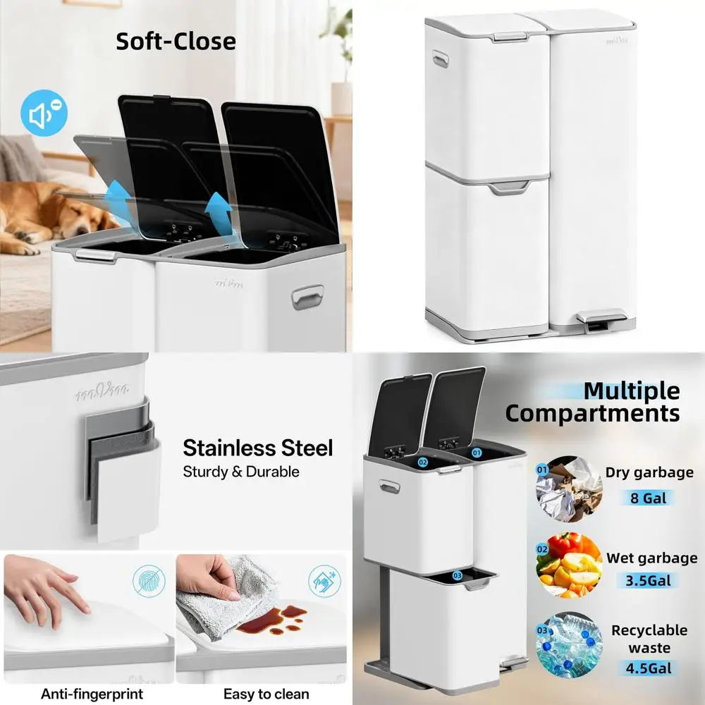 

Мусорное ведро для кухни на 16 галлонов, контейнер для отходов с тремя отделениями, прочный контейнер из матовой нержавеющей стали с защитой от отпечатков пальцев, для переработки отходов.