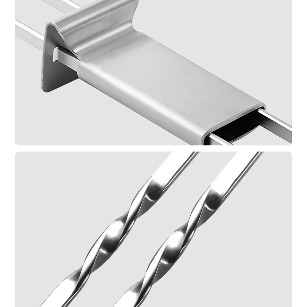 Stainless Steel Bbq Kebab Skewer Semi Automatic Push Feature Dual Prong Barbecue Fork Outdoor Camping Griddle Tools