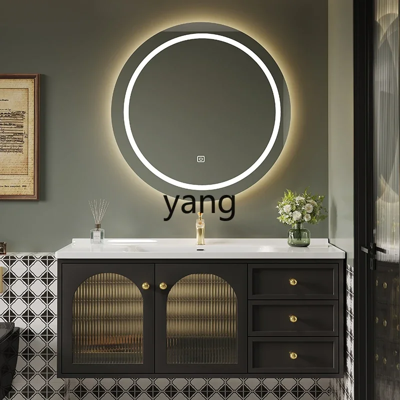 

LMM French retro bathroom cabinet combination rock slab seamless basin toilet ceramic integrated washbasin oak washbasin cabinet