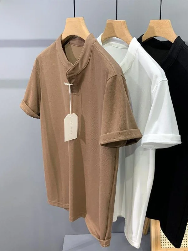 

Extra Large 300 Pou Retro Color Henry Collar ort Sve Men's T-irt Summer Loose Casual f Sve Top
