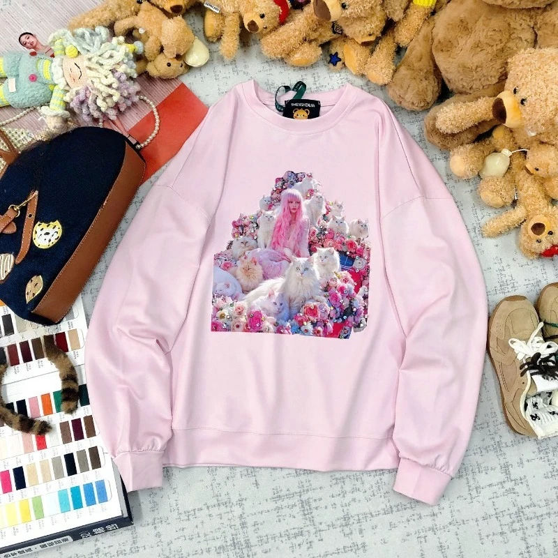 Korean Fashion Hoodies Loose Characters Cartoon Cat Nail Diamond Printing Age Reduction Versatile Long-sleeved Sweatshirts Women