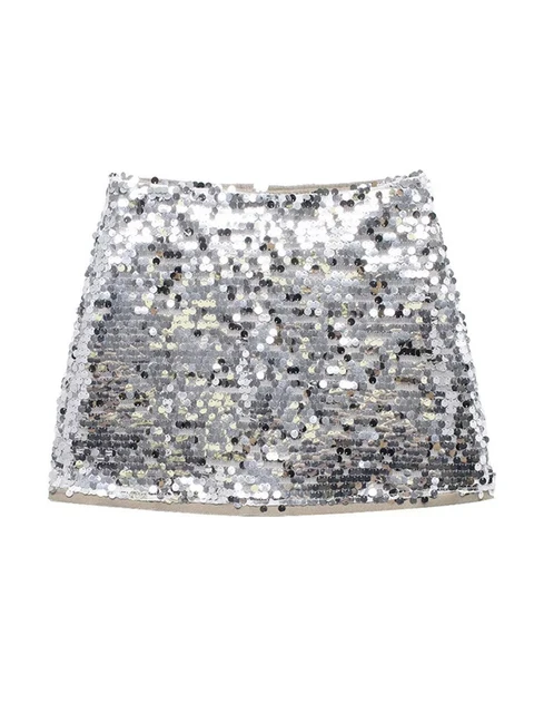 2-Piece Set Silver Sequins Vintage popular Hollow Out Jacket & Mini Skirt